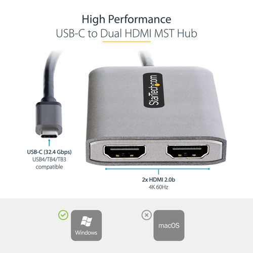 StarTech.com USB-C to Dual HDMI Adapter, USB Type-C Multi-Monitor MST Hub, Dual 4K 60Hz HDMI Laptop Display Extender / Spl