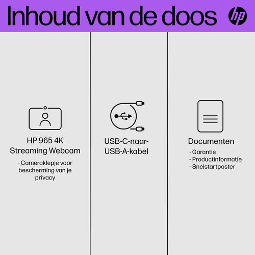 HP 965 4K Streaming Webcam. Megapixel (approx.): 8 MP, Maximum video resolution: 3840 x 2160 pixels, Camera HD type: Full 