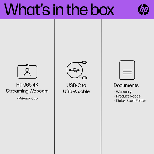 HP 965 4K Streaming Webcam. Megapixel (approx.): 8 MP, Maximum video resolution: 3840 x 2160 pixels, Camera HD type: Full 