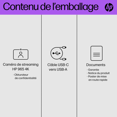 HP 965 4K Streaming Webcam. Megapixel (approx.): 8 MP, Maximum video resolution: 3840 x 2160 pixels, Camera HD type: Full 