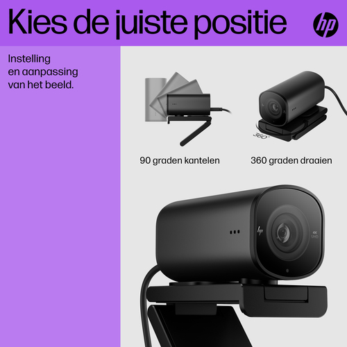 HP 965 4K Streaming Webcam. Megapixel (approx.): 8 MP, Maximum video resolution: 3840 x 2160 pixels, Camera HD type: Full 