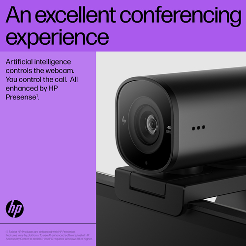 HP 965 4K Streaming Webcam. Megapixel (approx.): 8 MP, Maximum video resolution: 3840 x 2160 pixels, Camera HD type: Full 