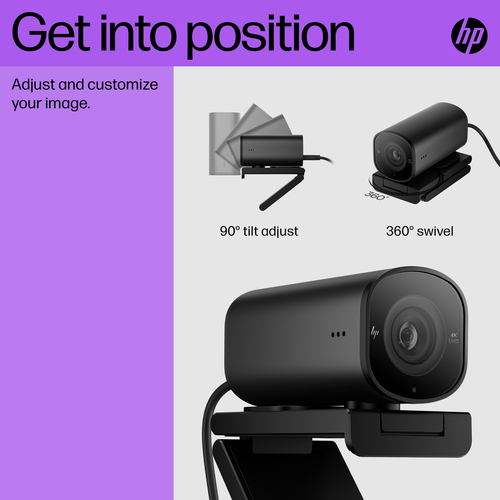 HP 965 4K Streaming Webcam. Megapixel (approx.): 8 MP, Maximum video resolution: 3840 x 2160 pixels, Camera HD type: Full 