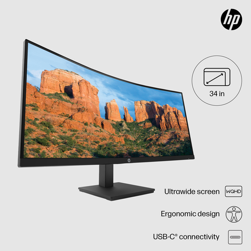 HP P34hc G4 WQHD USB-C Curved Monitor. Display diagonal: 86.4 cm (34"), Display resolution: 3440 x 1440 pixels, HD type: W