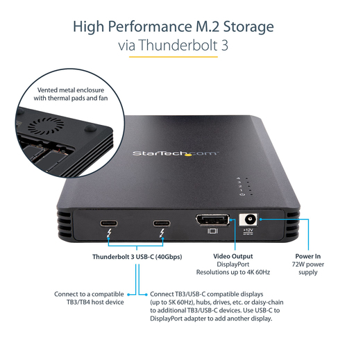 StarTech.com 4 Bay Thunderbolt 3 NVMe Enclosure, For M.2 NVMe SSD Drives, 1x DisplayPort Video and 2x TB3 Downstream Ports