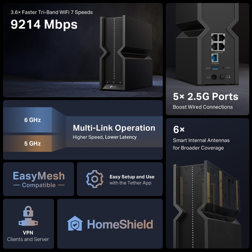 Routeur sans fil TP-Link Archer BE9300 - Wi-Fi 7 - Triples Bandes - 2,40 GHz Bande ISM - 5 GHz Bande UNII - 4 x Port résea