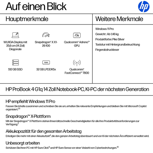 HP ProBook 4 G1q 35,6 cm (14 Zoll) Copilot+ PC Notebook - WUXGA - Qualcomm Snapdragon X X1-26-100 - 32 GB - 512 GB SSD - S