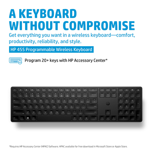 HP 455 Programmable Wireless Keyboard. Keyboard form factor: Full-size (100%), Connectivity technology: Wireless, Device i