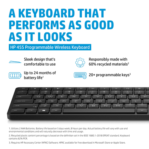 HP 455 Programmable Wireless Keyboard. Keyboard form factor: Full-size (100%), Connectivity technology: Wireless, Device i