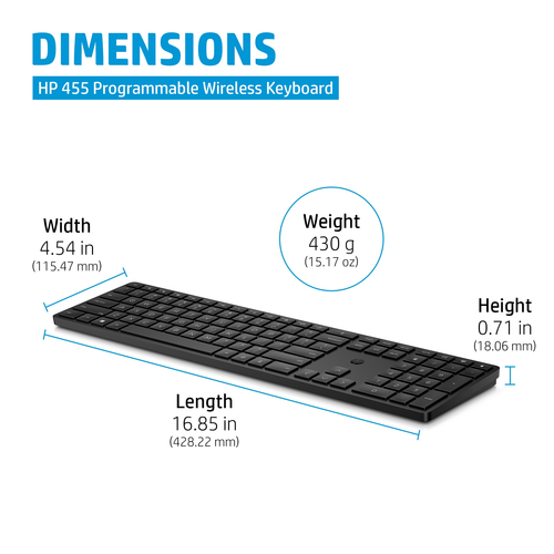 HP 455 Programmable Wireless Keyboard. Keyboard form factor: Full-size (100%), Connectivity technology: Wireless, Device i