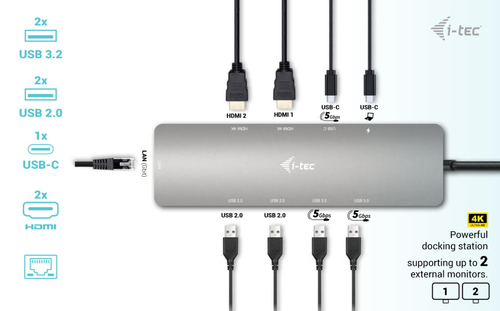 i-tec USB Type C Docking Station for Notebook, Tablet, Monitor - Grey - 2 Displays Supported - 4K, Full HD, QHD - 3840 x 2