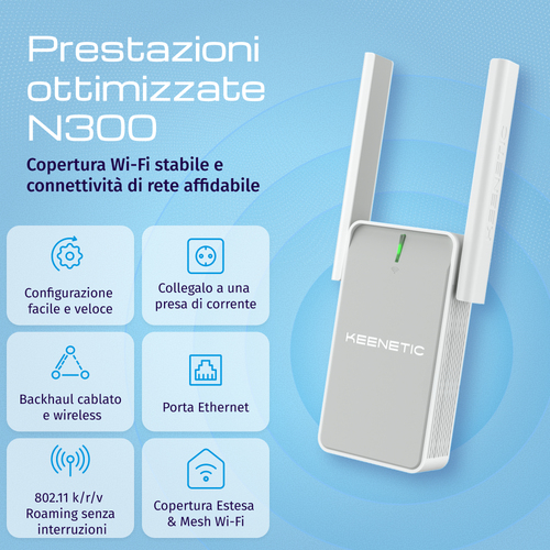 KEENETIC Buddy 4 (KN-3211) N300 Wi-Fi Extender, Mesh, 1 porta 100 Mbit/s, Menù multi lingua