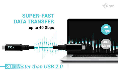 i-tec Thunderbolt 4/USB4 Class Pro Cable 240W with LCD (40 Gbps, 150 cm). Anschluss 1: Männlich, Anschluss 2: Männlich, Ka