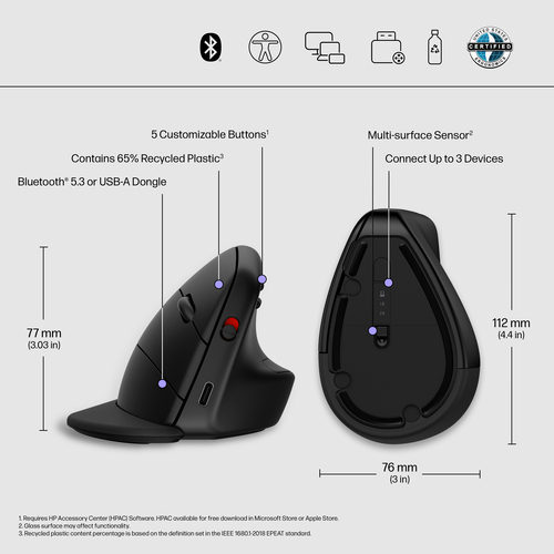HP Maus - Bluetooth - Schwarz - Kabellos - 2,40 GHz - 1200 dpi Auflösung - Scroll-Rad - Rechtshändig
