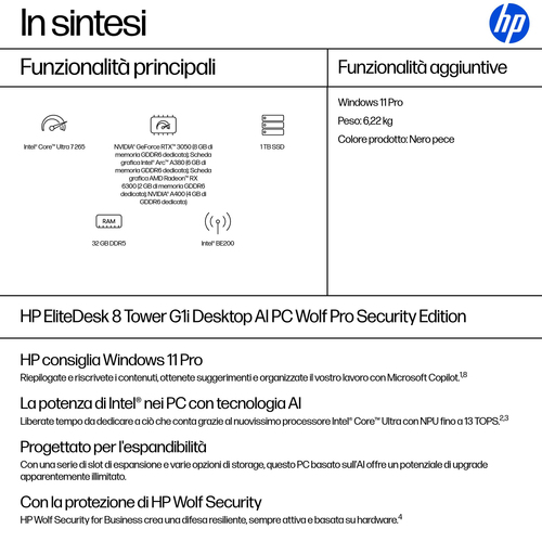 HP EliteDesk 8 Tower G1i AI PC Wolf Pro Security Edition. Famiglia processore: Intel Core Ultra 7, Modello del processore: