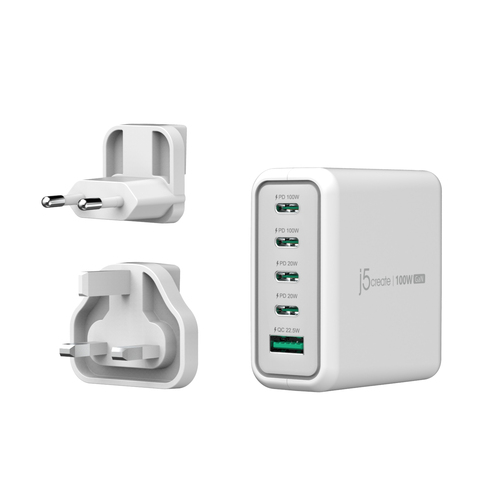 j5create JUP53100 100W GaN USB-C® 5-Port Charger. Charger type: Indoor, Power source type: AC, Charger compatibility: Univ