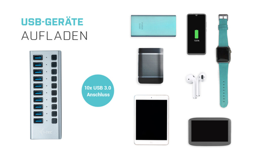 i-tec USB 3.0 Charging HUB 10 port + Power Adapter 48 W. Aufladetyp: Drinnen, Energiequelle: AC, Aufladekompatibilität: Un