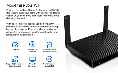Linksys Hydra 6 Wi-Fi 6 IEEE 802.11ax Ethernet Wireless Router - Dual Band - 2.40 GHz ISM Band - 5 GHz UNII Band - 384 MB/