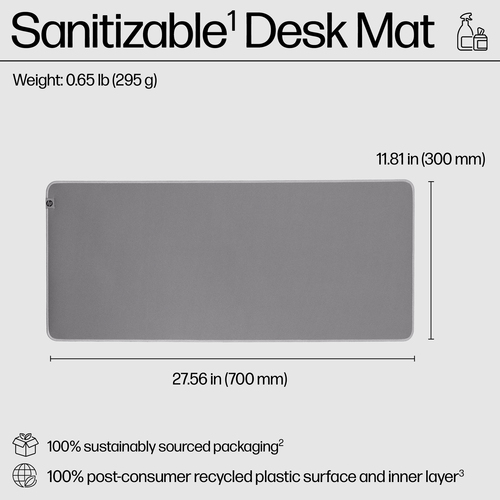 HP 205 Sanitizable Desk Mat. Width: 700 mm, Depth: 300 mm. Product colour: Grey