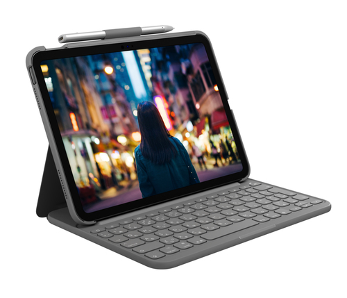 Logitech Slim Folio Keyboard/Cover Case (Folio) Apple, Logitech iPad (10th Generation) Tablet - Oxford Gray - Bump Resista