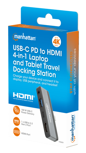 Manhattan USB-C Travel Dock/Hub, Ports (x4): HDMI, USB-A, USB-C and 3.5mm audio, With Power Delivery (100W) to USB-C Port,