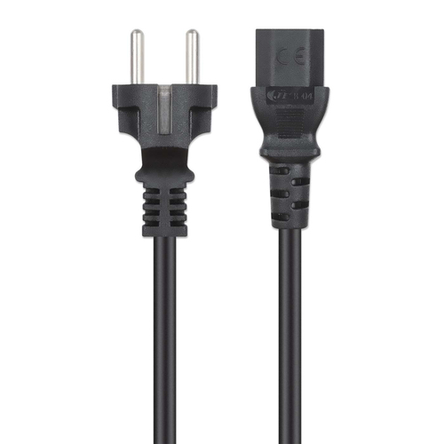 Manhattan Mains Power Cord/Cable, Euro 2-pin plug (CEE 7/4 Schuko) to C13 Female (kettle lead), 1m, 10A, Black, Lifetime W