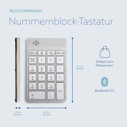 R-Go Tools Tastatur R-Go Numpad Break, ergonomischer Ziffernblock mit Pausensoftware, bluetooth, weiß. Geräteschnittstelle