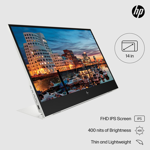 HP E-Series E14 G4 Portable Monitor. Display diagonal: 35.6 cm (14"), Display resolution: 1920 x 1080 pixels, HD type: Ful
