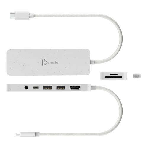 j5create USB-Typ C Docking Station - Speicherkartenleser - SD, microSD - Weiß - USB Typ-A - USB Typ C - HDMI - Kabelgebund