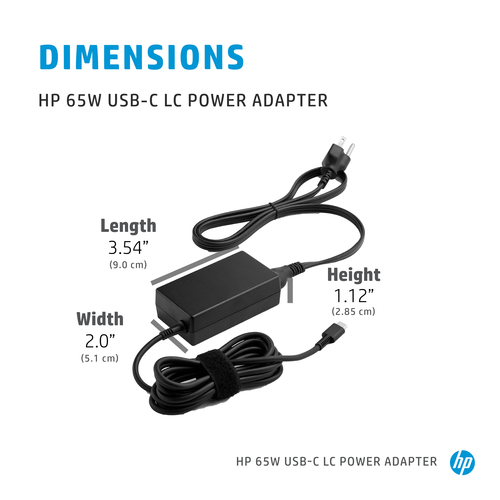 HP 65W USB-C LC Power Adapter. Purpose: Laptop, Power supply type: Indoor, Output power: 65 W. Product colour: Black. Comp