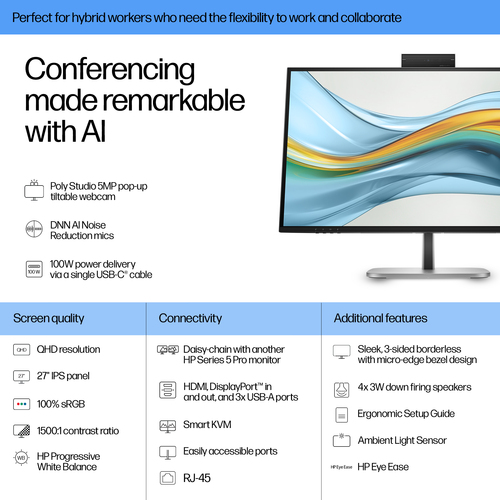HP 527pm 27" Aula Webcam WQHD Monitor LED - 16:9 - Preto Jet - 68,6 cm (27") Viewable - Tecnologia IPS (In-plane switching