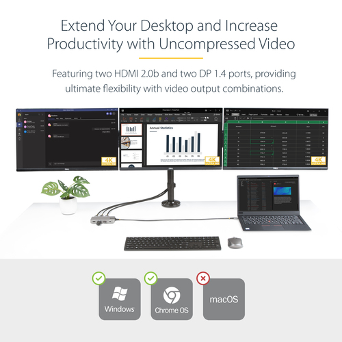 StarTech.com USB 3.2 (Gen 2) Type C Docking Station for Desktop PC, Notebook, Monitor - 15 W - Grey - 3 Displays Supported