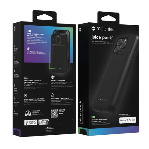 Mophie Juice Pack Mini Hülle für Apple iPhone 15 Pro Max, iPhone 15 Pro, iPhone 15 Smartphone - Schwarz - Kratzfest, Reißfest
