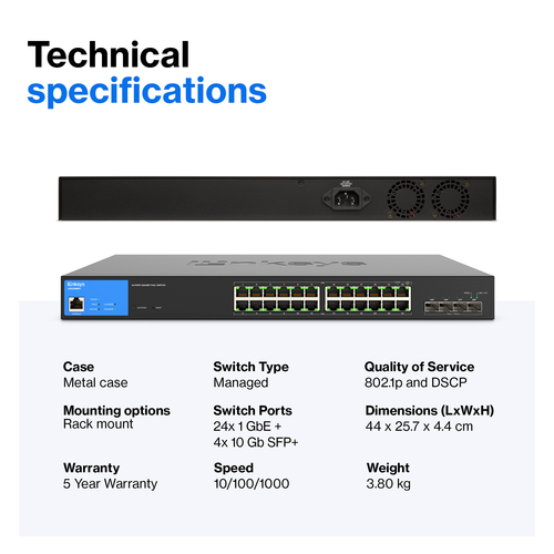 Linksys LGS328MPC 24 Ports Manageable Ethernet Switch - 3 Layer Supported - Modular - 410 W PoE Budget - Optical Fiber, Tw