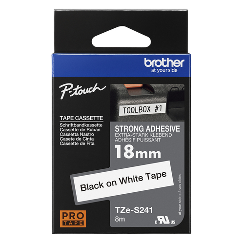 TZE-S241 LAMINATED TAPE M 8M 8M BLACK ON WHITE EXTRA-STRONG