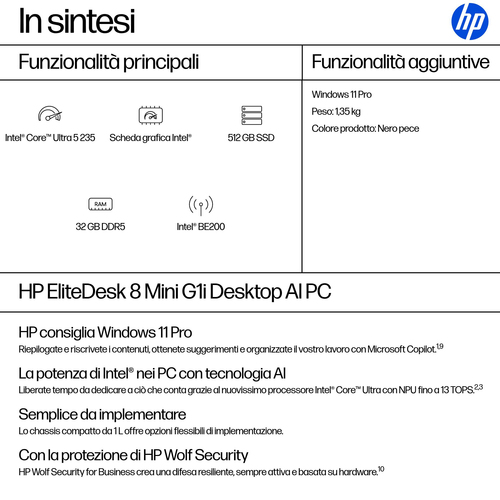 Desktop Computer HP EliteDesk 8 G1i - Intel Core Ultra 5 Seconda generazione 235 - Tecnologia vPro - 32 GB - 512 GB PCI Ex
