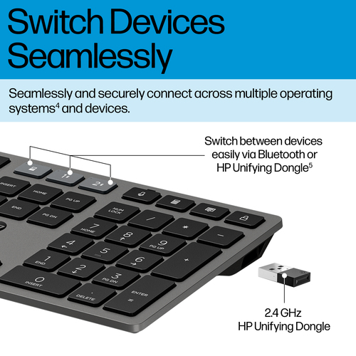 HP 725 Multi-Device Rechargeable Wireless Keyboard and Mouse Combo. Keyboard form factor: Full-size (100%), Connectivity t