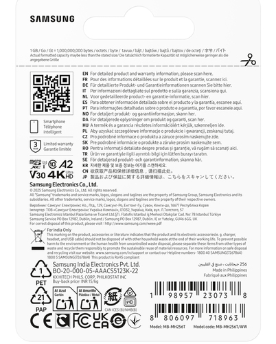 Carte microSDXC Samsung MB-MH256T - 256 Go - Classe 10/UHS-I (U3) - V30 - 200 Mo/s en Lecture - 130 Mo/sSpaceen Écriture