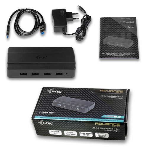 i-tec USB 3.0 Charging HUB 4 Port + Power Adapter. Host interface: USB 3.2 Gen 1 (3.1 Gen 1) Type-B, Hub interfaces: USB 3