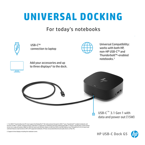 Docking station HP USB Type-C per Computer portatile - 100 W - 5 x Porte USB - 4 x USB 3.0 - USB di tipo C - Rete (RJ-45) 
