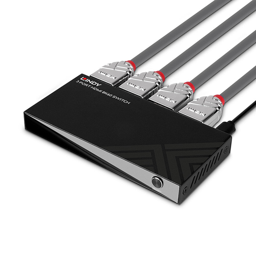 Lindy 3 Port HDMI 8K60 Switch. Video port type: HDMI, USB port type: Micro-USB. Product colour: Black, Supported video mod