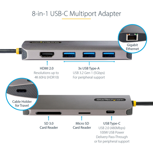 StarTech.com USB C Multiport Adapter, 4K 60Hz HDMI HDR10 Video, 3 Port 5Gbps USB-A Hub, 100W PD Pass-Through, GbE, SD/Micr