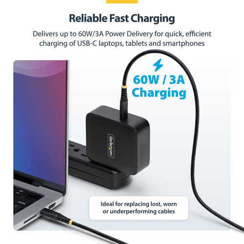 StarTech.com 30cm (1ft) USB-C Charging Cable, 60W (3A) PD, Dual-Layer Braided Nylon/TPE Jacket, Rugged USB 2.0 Laptop Char
