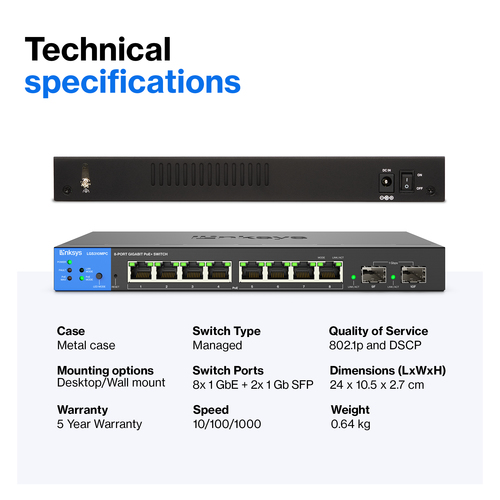 Linksys LGS310MPC 8 Ports Manageable Ethernet Switch - Gigabit Ethernet - 1000Base-T, 1000Base-X - 3 Layer Supported - Mod