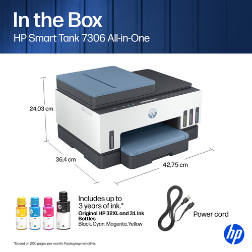 HP 7306 Smart Tank Inkjet Multifunction Printer - Copier/Printer/Scanner - 4800 x 1200 dpi Print