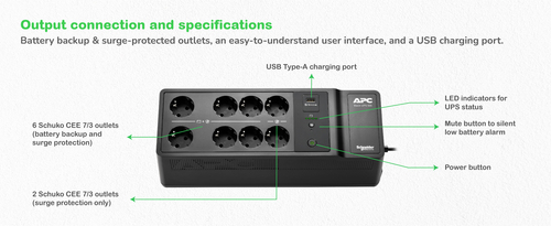 APC by Schneider Electric Back-UPS Standby UPS - 500 VA/300 W - Floor/Wall Mountable - 230 V AC Input - 220 V AC Output - 