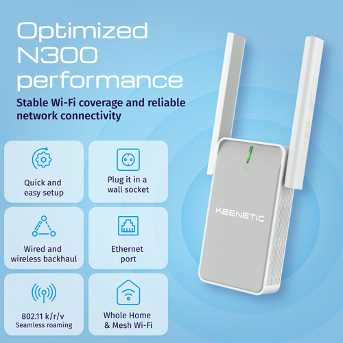 KEENETIC Buddy 4 (KN-3211) N300 Wi-Fi Extender, Mesh, 1 porta 100 Mbit/s, Menù multi lingua