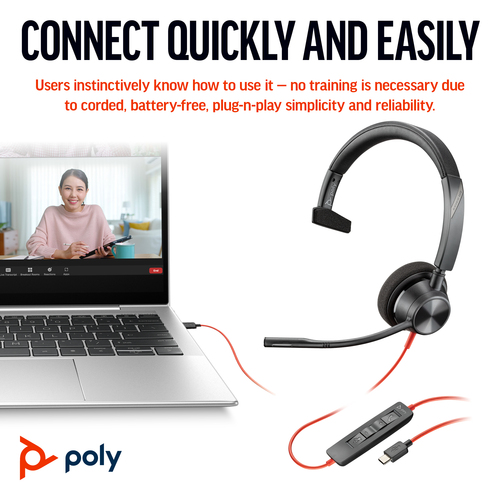 HP Poly Blackwire 3310 Monaural Microsoft Teams Certified USB-C Headset +USB-C/A Adapter. Product type: Headset. Connectiv