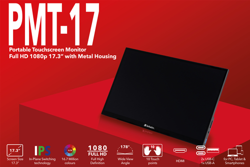 Monitor LCD Touchscreen Verbatim 49593 - 431,8 mm (17") Classe - 16:9 - 6 ms - 43,9 cm (17,3") Viewable - Capacità - 10 Po