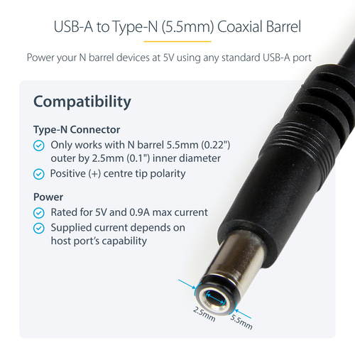 StarTech.com USB2TYPEN1M. Kabellänge: 1 m, Anschluss 1: USB A, Anschluss 2: Barrel type N
